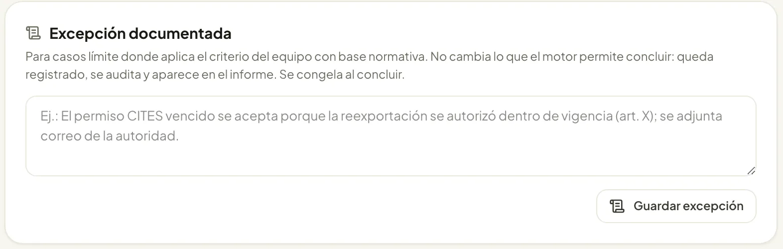 Documented exception form with regulatory basis